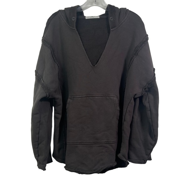 NATURAL LIFE Tops - Natural Life V-Neck Distressed Hoodie Faded Black Raw Edge Cotton L/XL